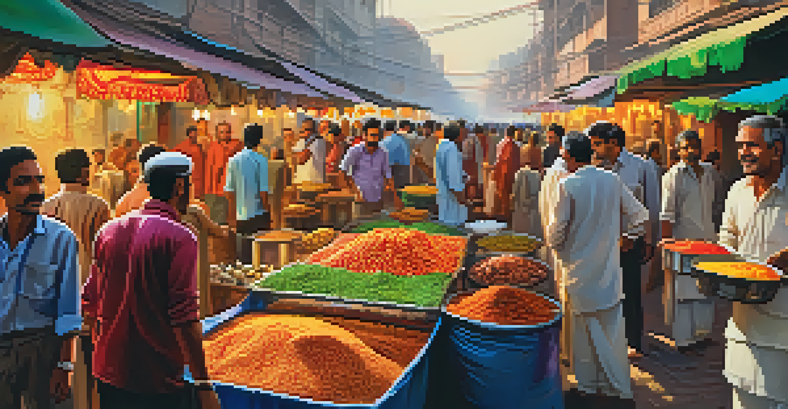 A bustling market in Lucknow with vibrant food stalls and people enjoying traditional street food.
