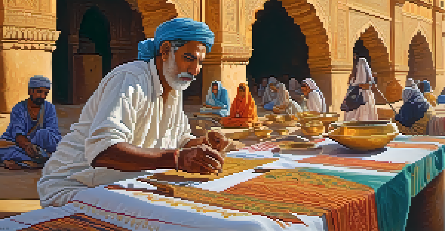 An artisan showcasing traditional crafts in a lively market with Jaisalmer Fort in the background, illuminated by the afternoon sun.