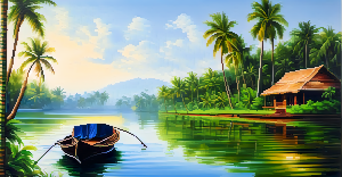 A tranquil houseboat in Kerala's backwaters, surrounded by greenery and sunlight reflecting on the water.