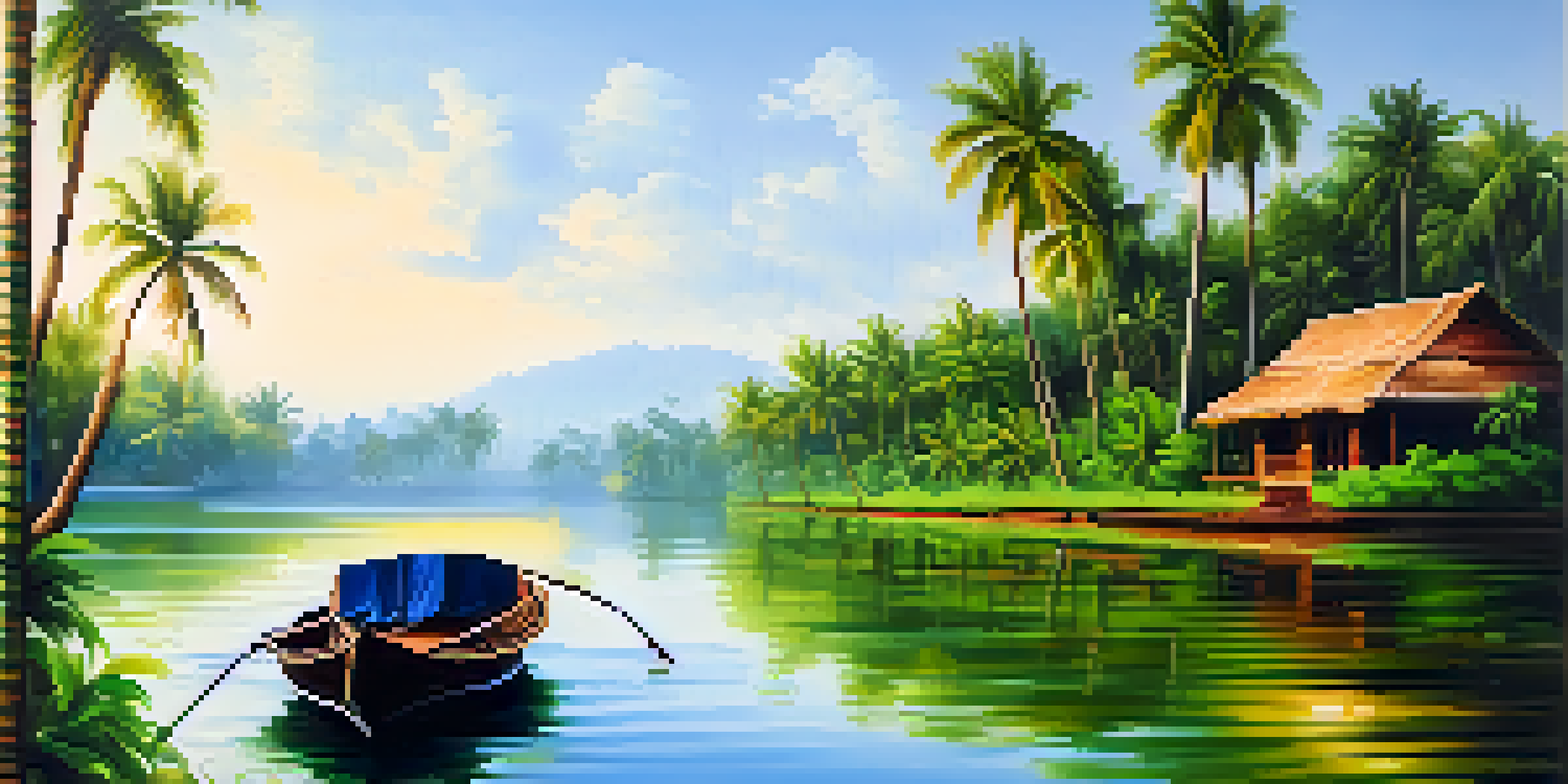 A tranquil houseboat in Kerala's backwaters, surrounded by greenery and sunlight reflecting on the water.