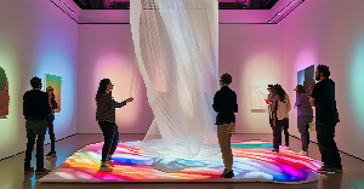 Visitors interacting with a large, soft fabric sculpture in a modern gallery, with ambient lighting and colorful digital projections on the walls.