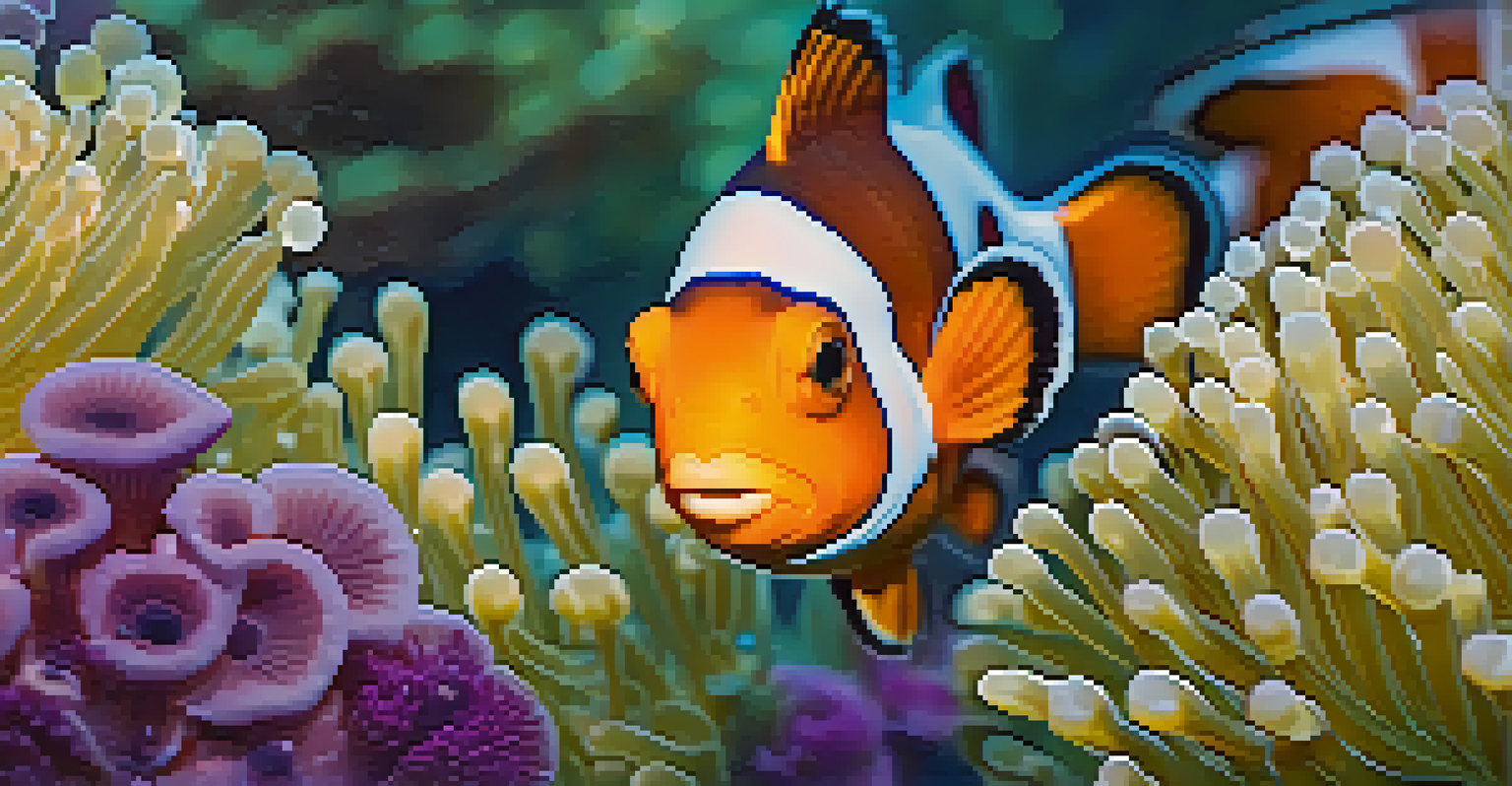 A close-up of a clownfish among colorful anemones, highlighting the vibrant colors and intricate details of the underwater scene.