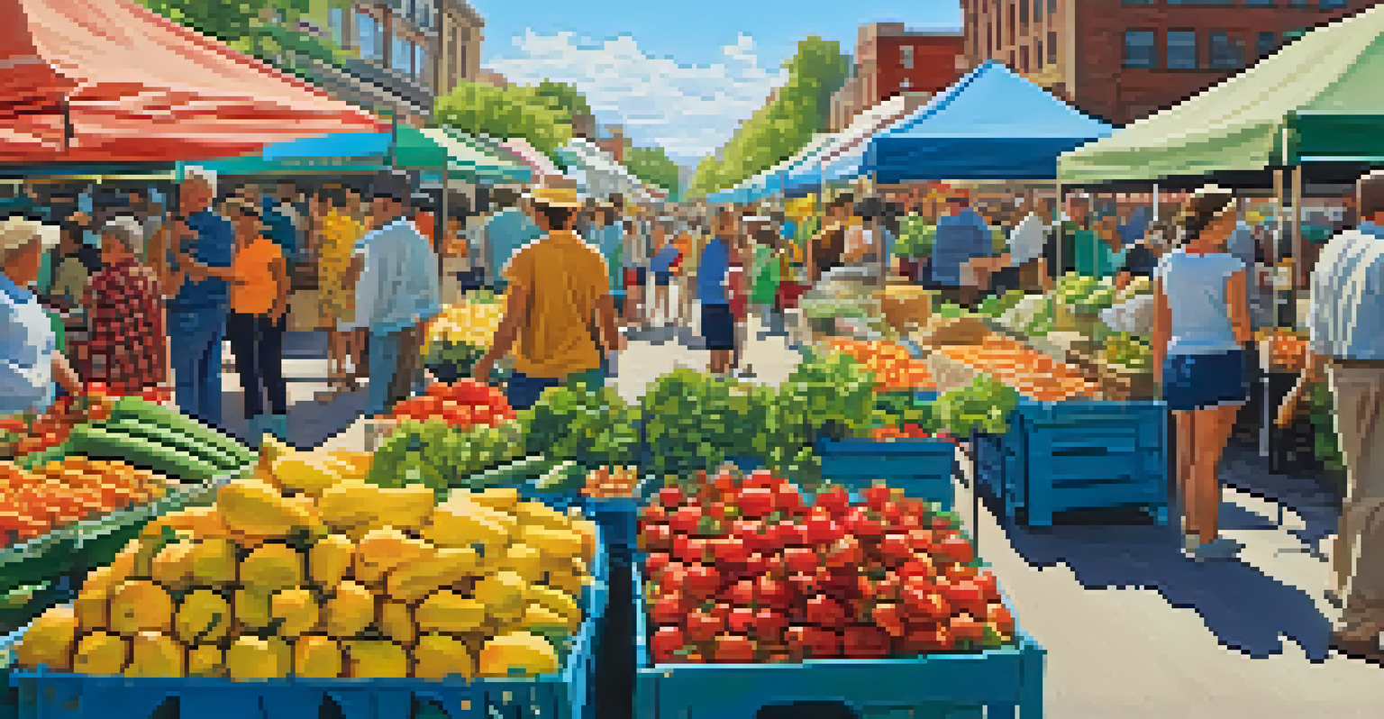 A lively farmers' market with fresh produce, colorful stalls, and people interacting.