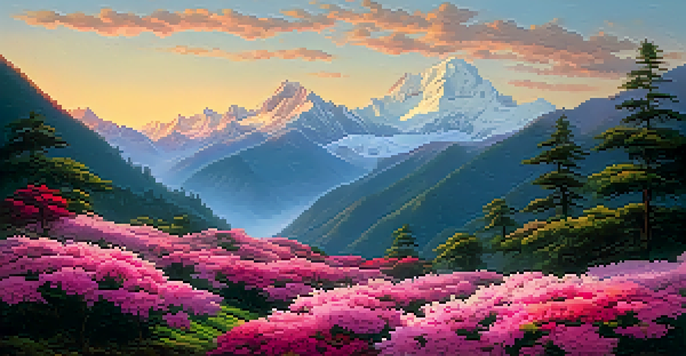 A stunning sunrise over the Himalayas, showcasing snow-capped peaks and blooming rhododendrons in the foreground.