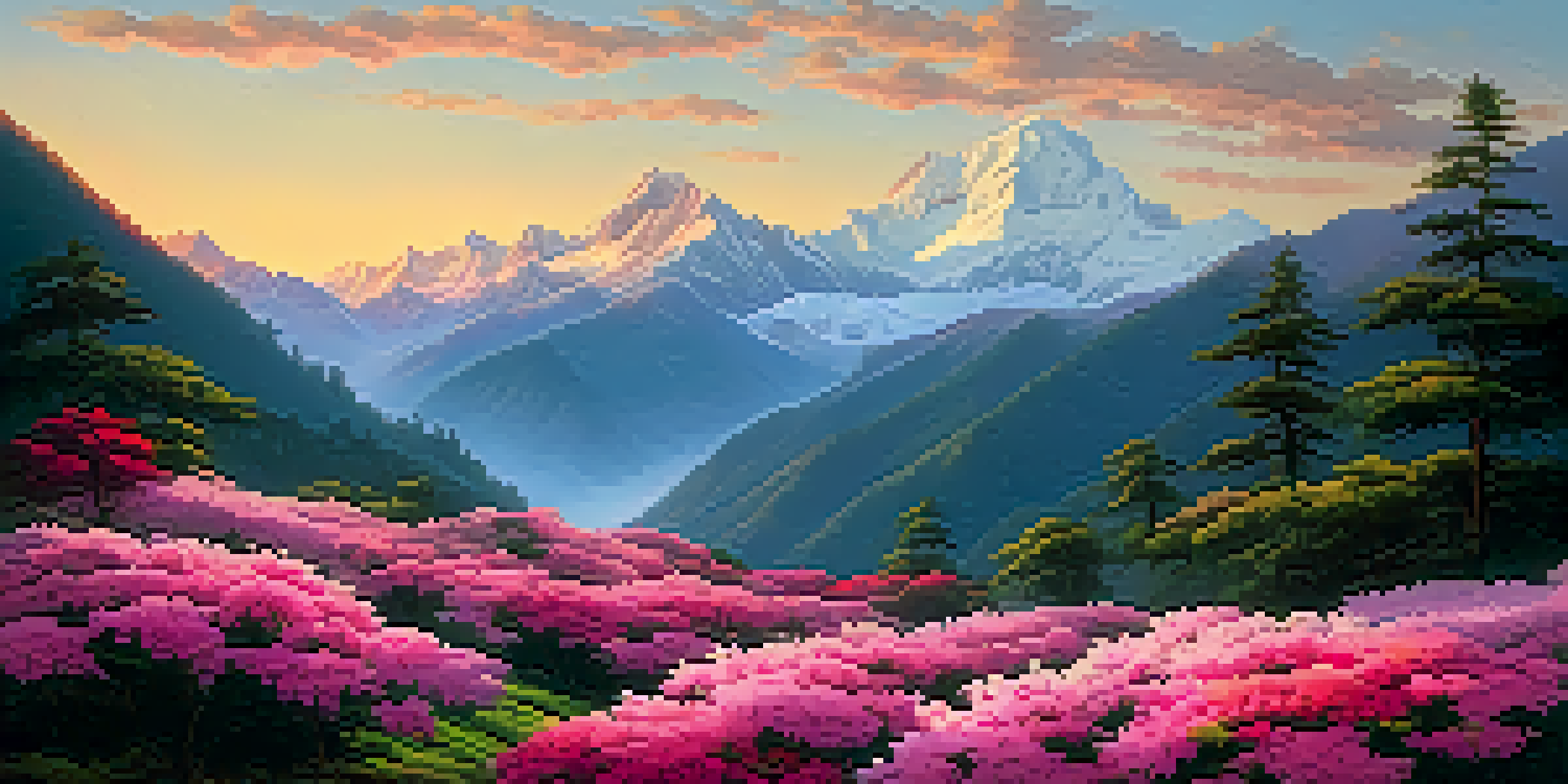 A stunning sunrise over the Himalayas, showcasing snow-capped peaks and blooming rhododendrons in the foreground.
