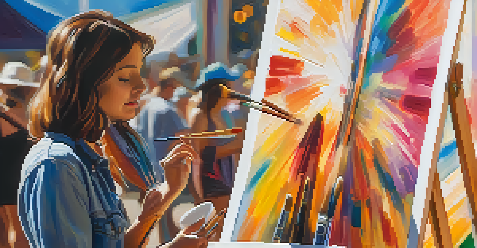 An artist painting on a large canvas at an art festival, with vibrant colors and blurred festival-goers in the background.