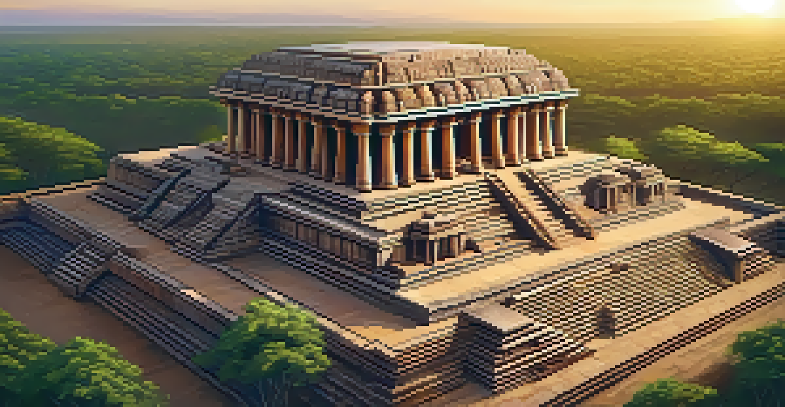 The Sun Temple of Konark appearing as a grand chariot, surrounded by landscape at sunset, highlighting its architectural details.