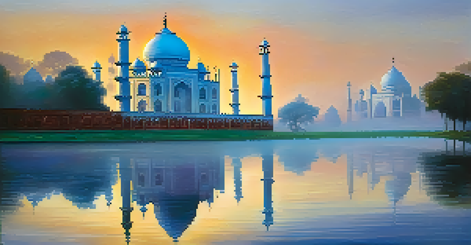 The Taj Mahal at dawn, reflected in water with a misty atmosphere.