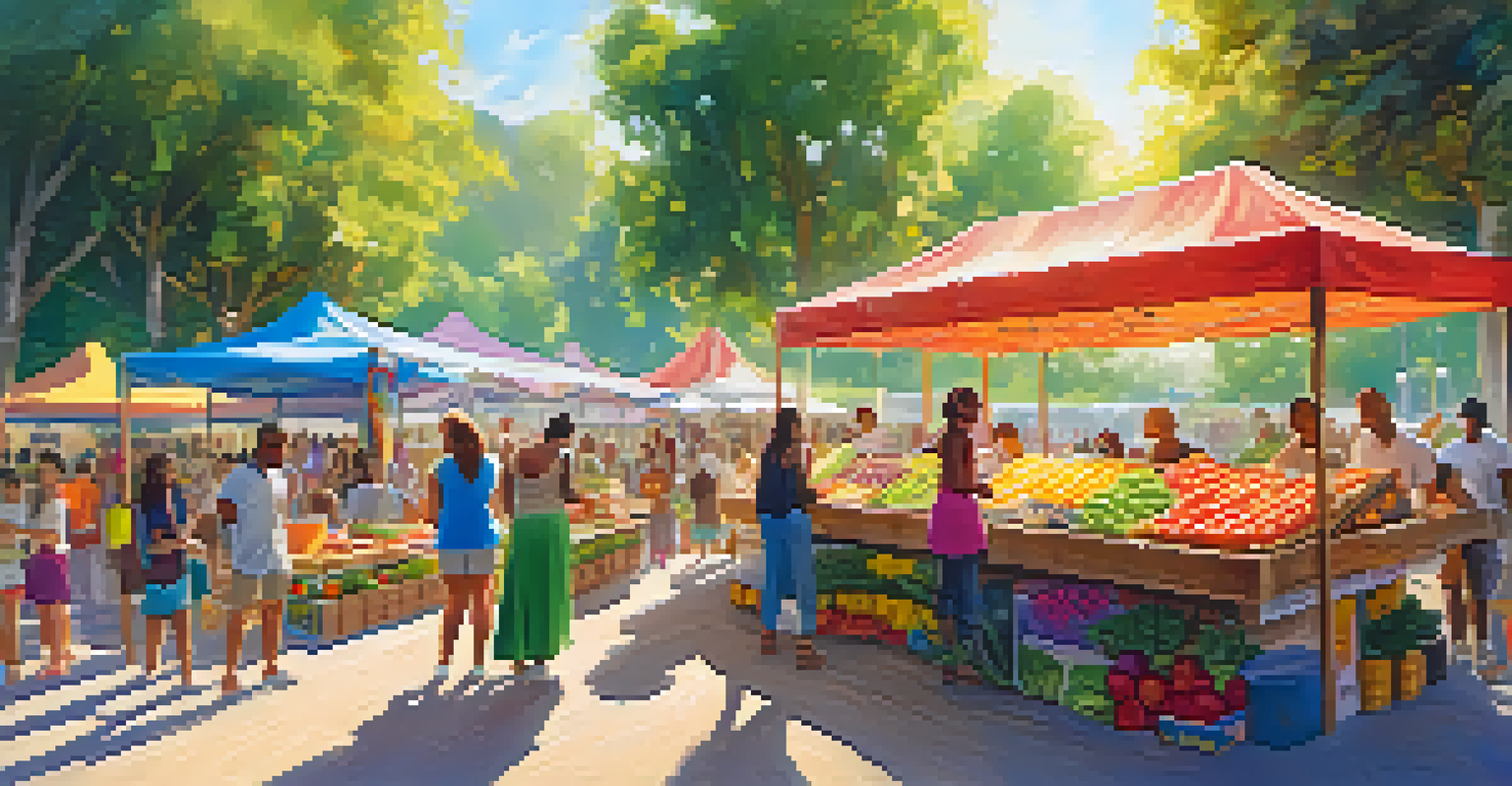 Festival-goers selecting healthy snacks at a colorful food stall surrounded by nature.