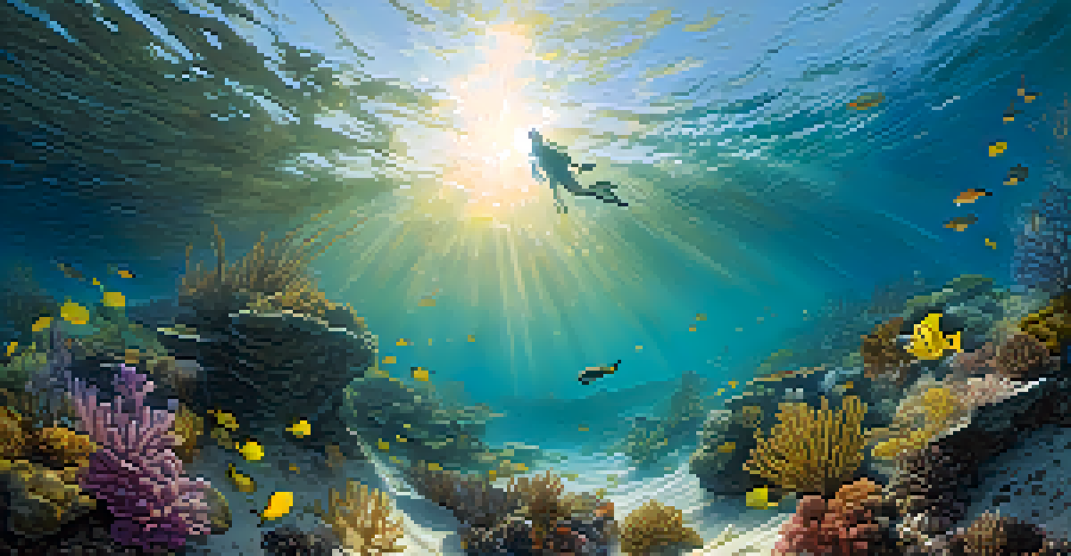 A wide-angle underwater landscape with a sandy ocean floor, marine plants, and divers exploring the vibrant scene illuminated by sunlight.