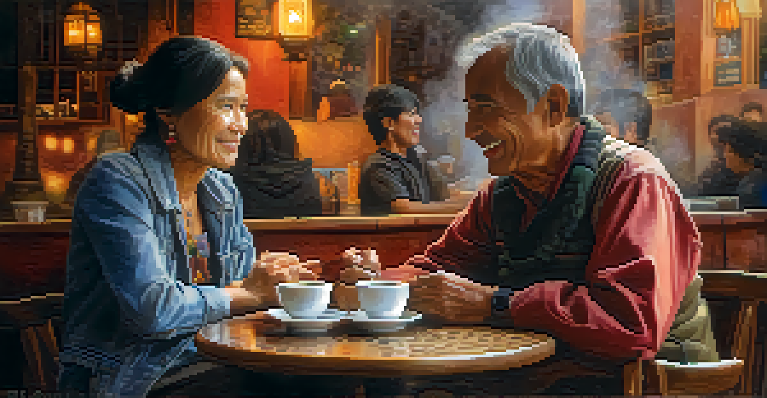 A tourist and a local resident sharing stories over drinks in a cozy café, surrounded by handmade crafts and warm lighting.