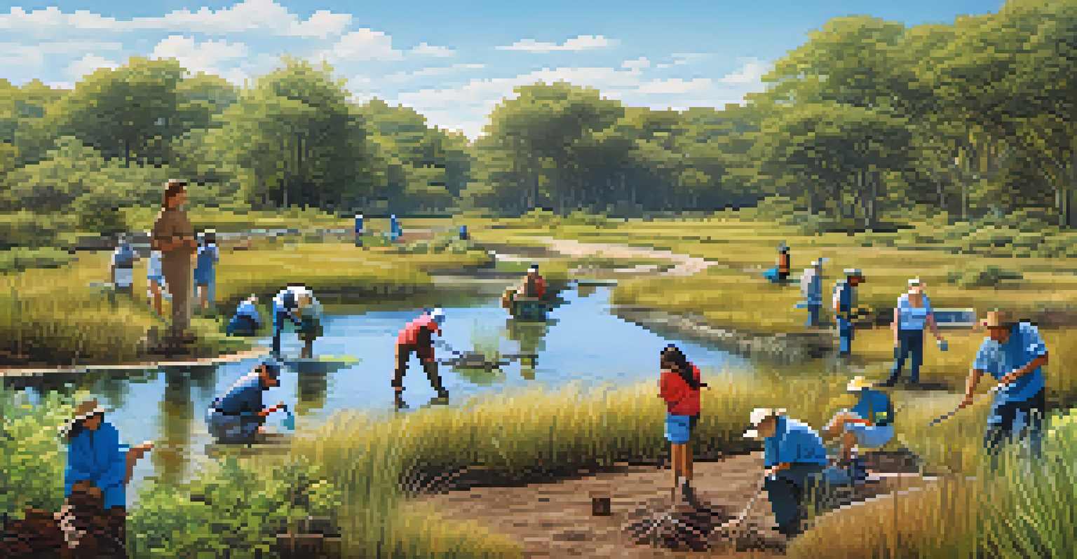 Tourists and locals planting vegetation in a wetland restoration project, surrounded by diverse plants and a clear blue sky.