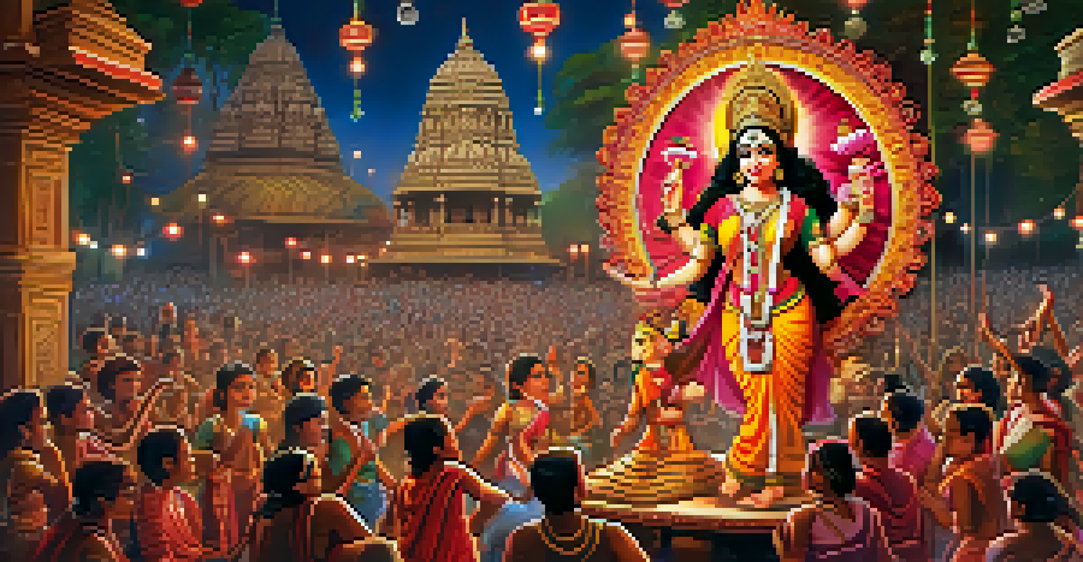 A Durga Puja celebration showcasing the idol of Goddess Durga with decorations and traditional performances.
