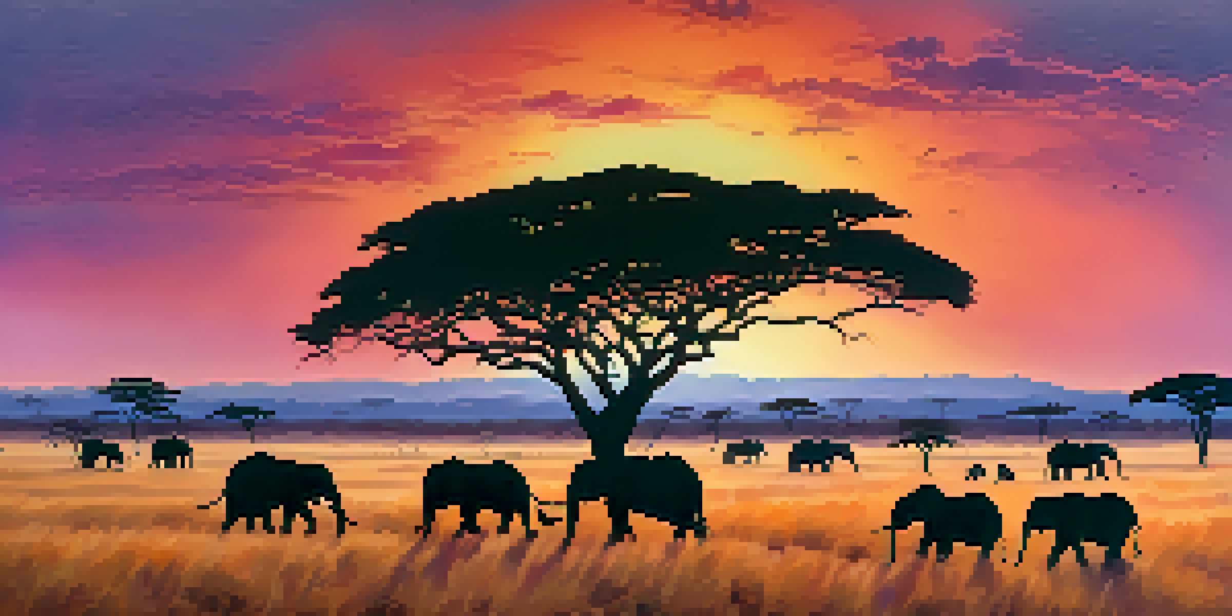 A picturesque sunset in the Serengeti with acacia trees and elephants silhouetted against a colorful sky.