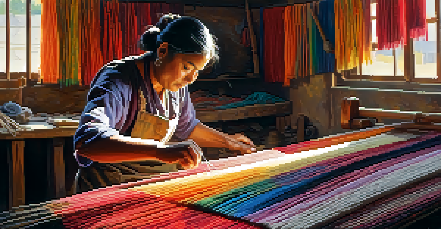 An artisan weaving colorful textiles in a traditional workshop, surrounded by threads and tools, with sunlight streaming in.