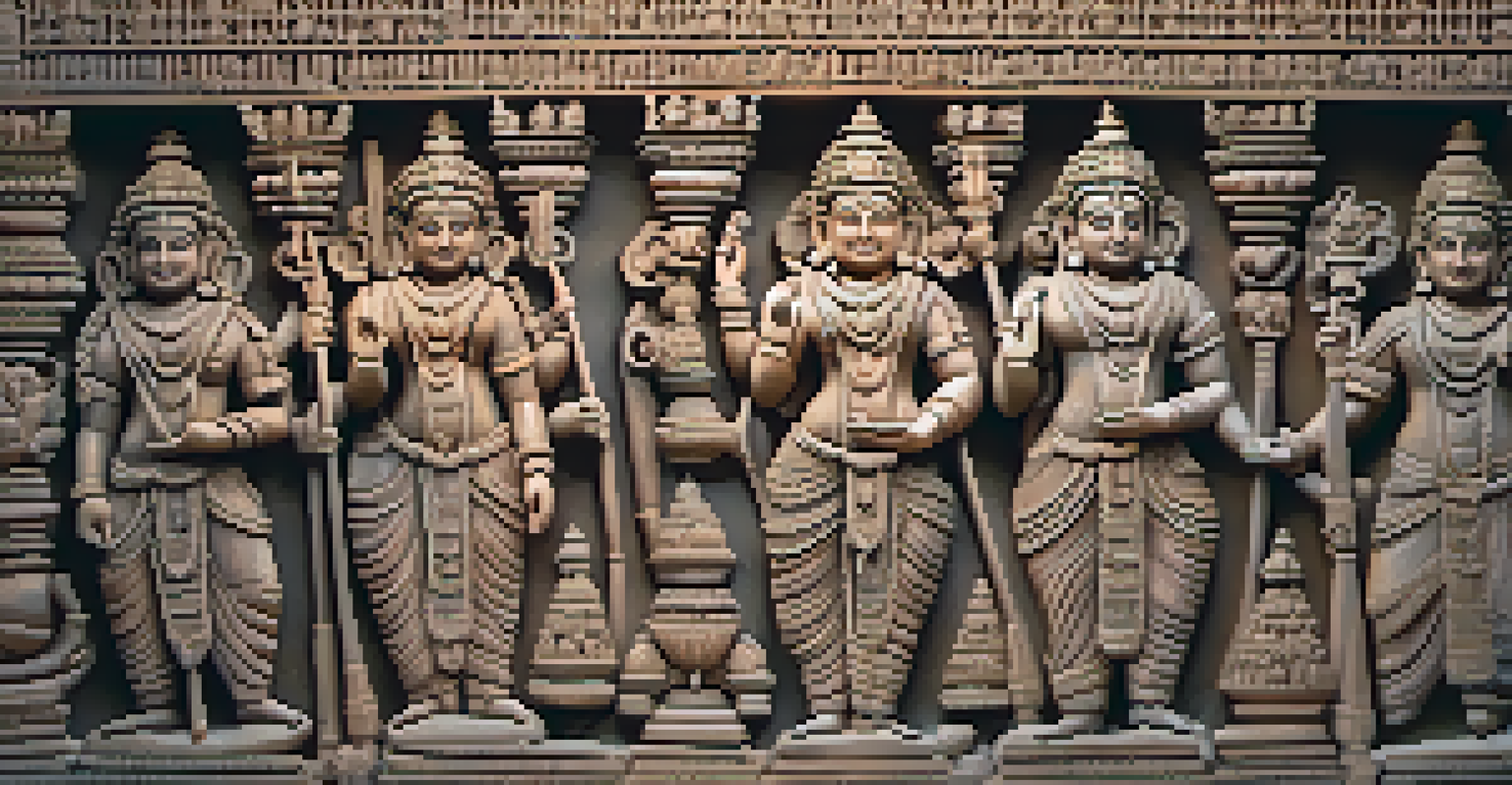 A close-up view of detailed stone carvings from the Brihadeeswarar Temple, highlighting intricate figures and textures.