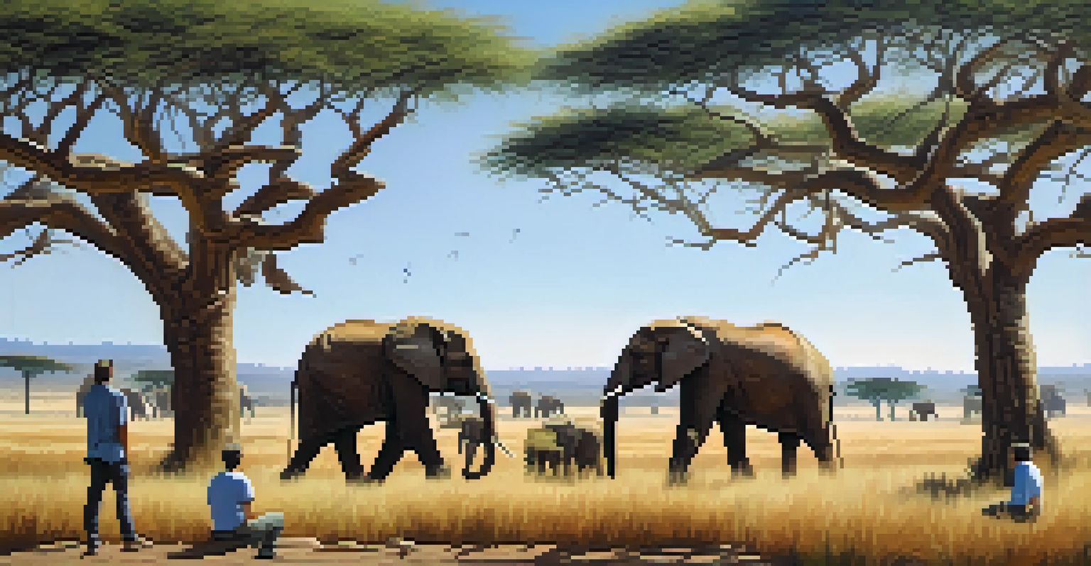 An ecotourist watching elephants from a safe distance in a natural landscape.