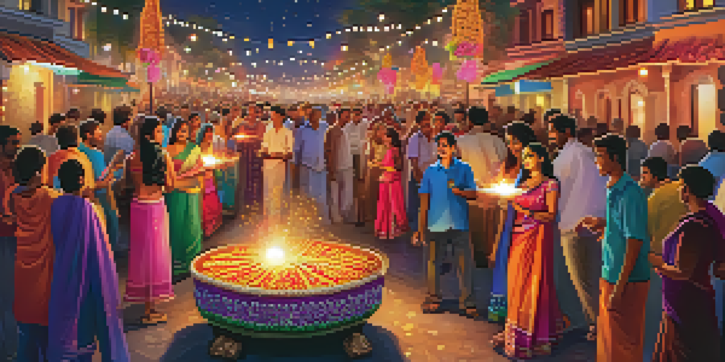 A lively Diwali celebration with families lighting diyas and fireworks in a decorated street.