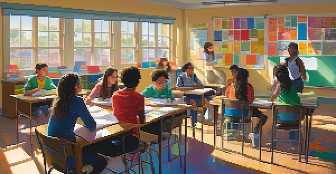 A lively classroom scene with students discussing and collaborating, surrounded by educational materials and sunlight.