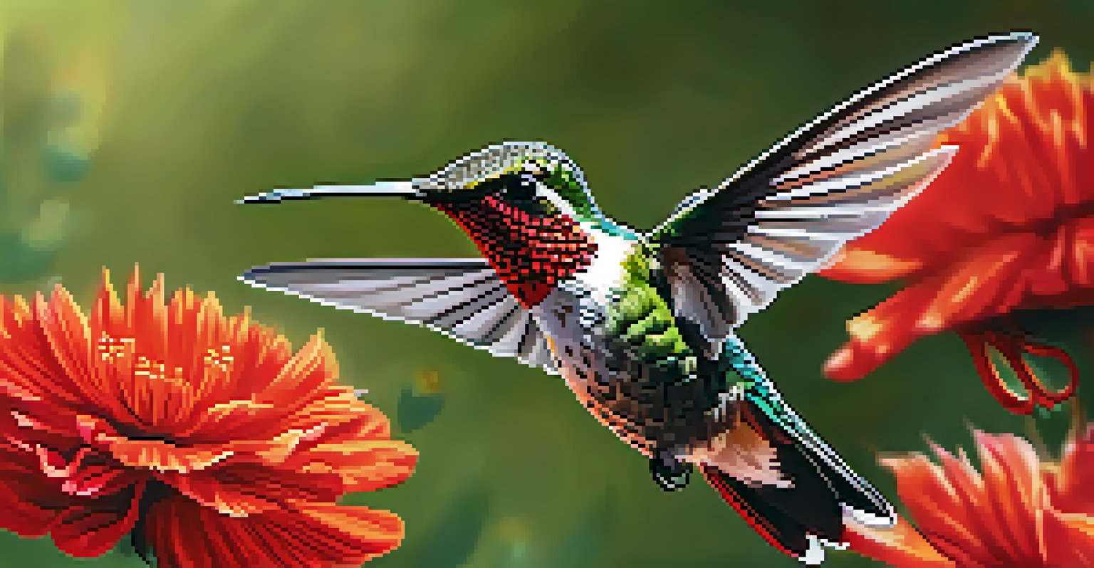 A hummingbird in mid-flight above a red flower, showcasing the intricate details of its feathers and the vivid colors of the flower.