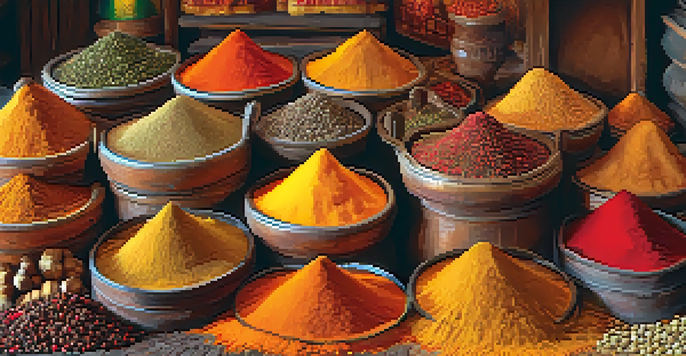 A colorful Indian spice market with various spices in sacks and jars, illuminated by warm morning light.