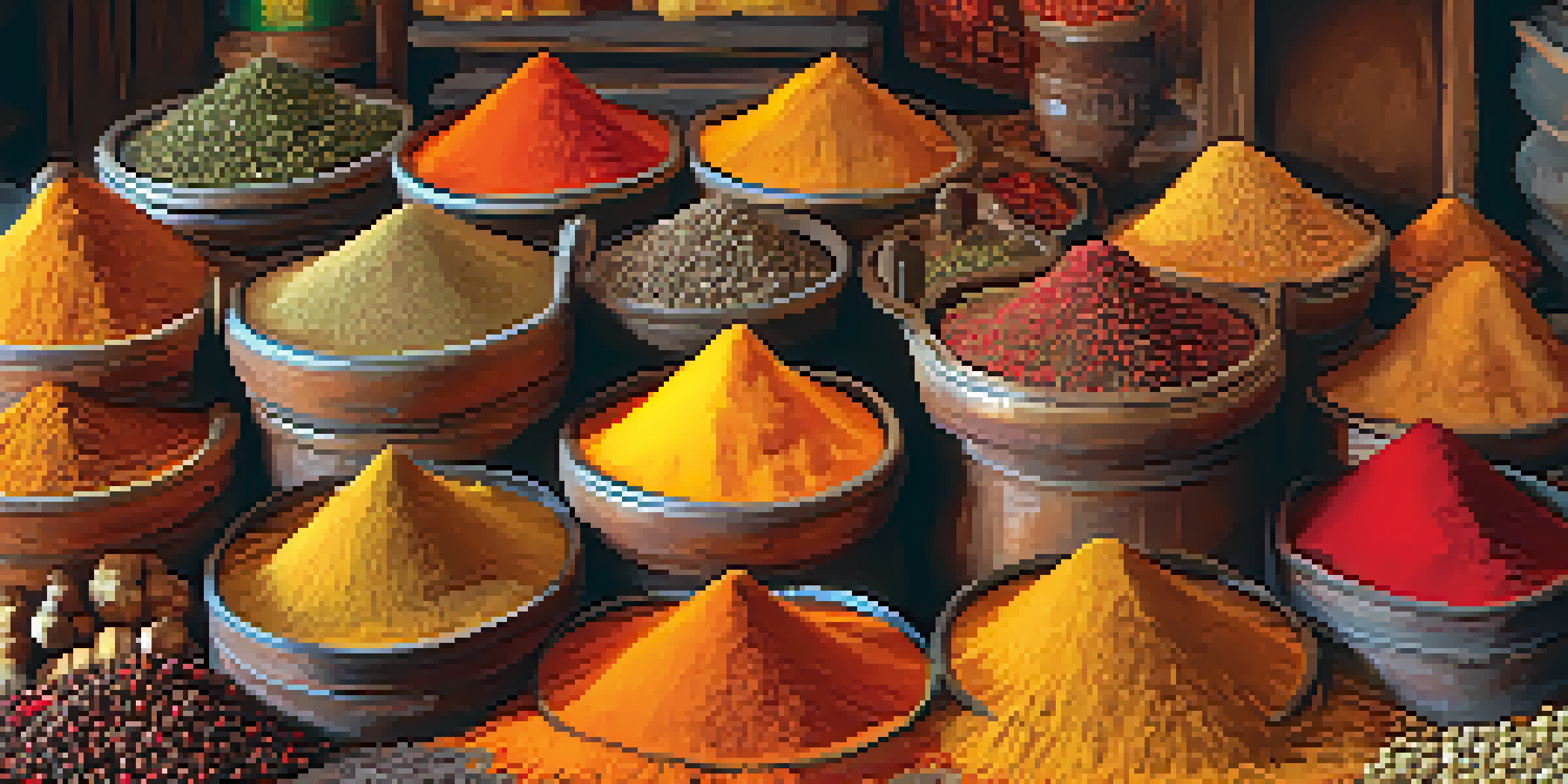 A colorful Indian spice market with various spices in sacks and jars, illuminated by warm morning light.
