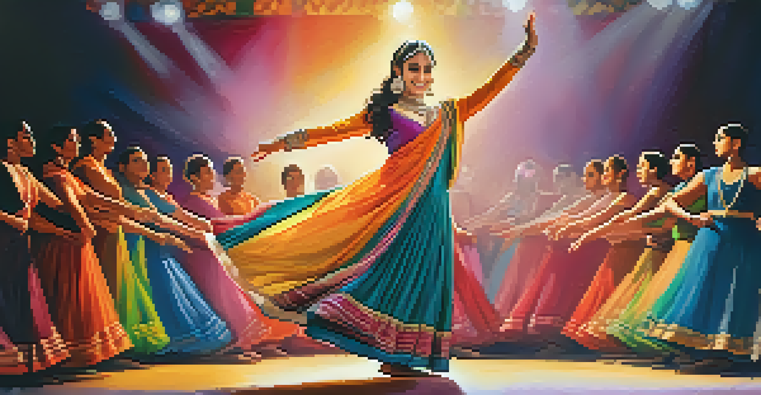 A Kathak dancer spinning on stage, her colorful attire in motion, with a soft spotlight highlighting her expressive performance.