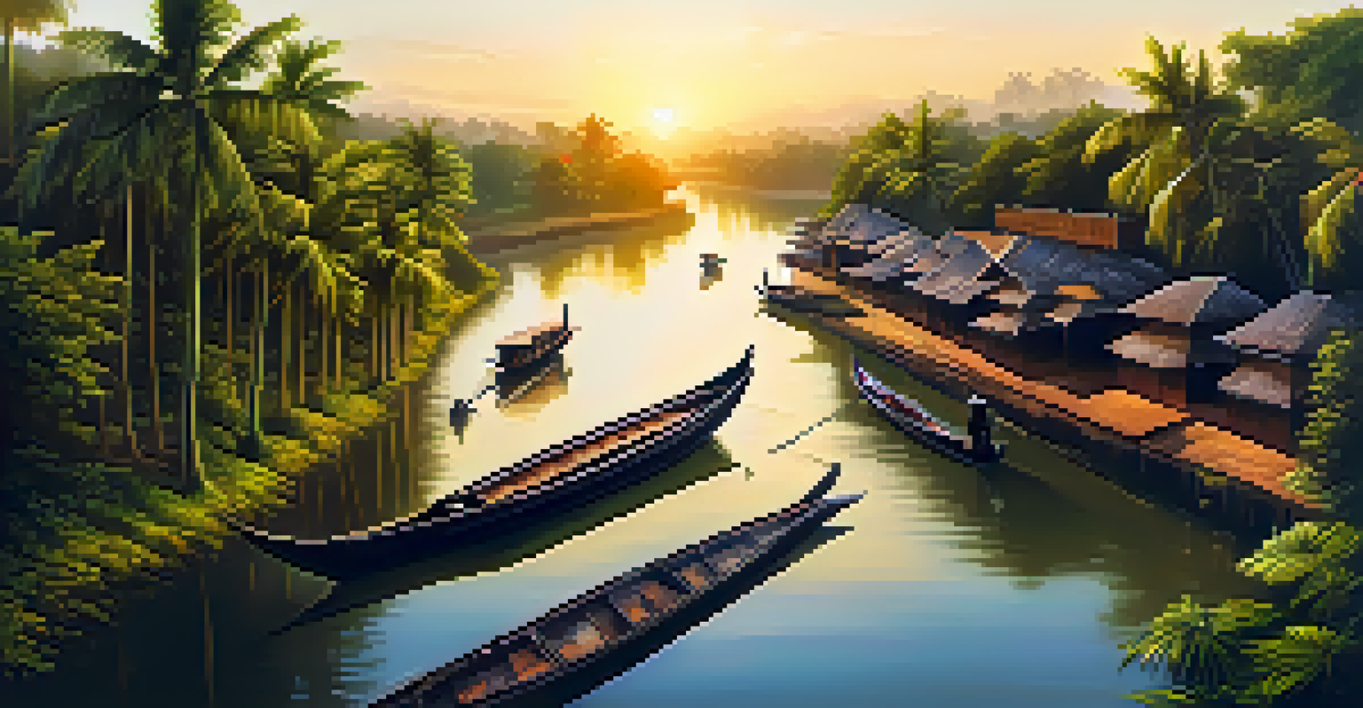 Aerial view of Kerala backwaters with houseboats and tropical vegetation during sunset.