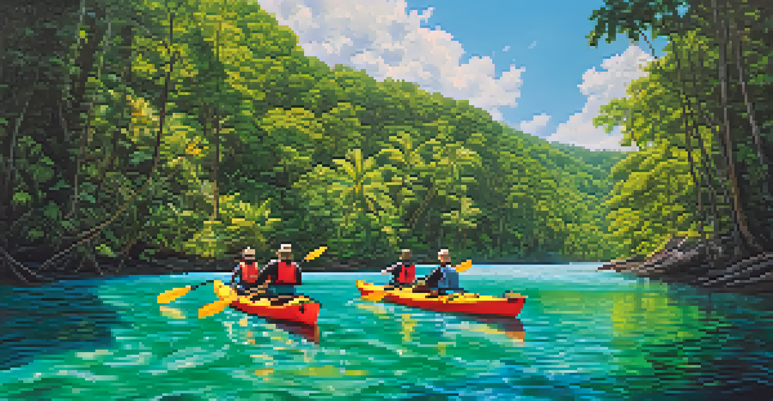 Travelers kayaking in a clear river amidst a lush rainforest.