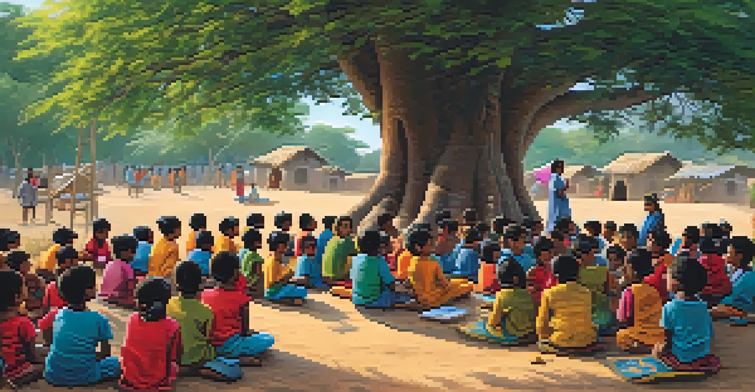 Volunteers teaching children in a rural Indian village under a large tree, with a chalkboard and colorful crafts around.