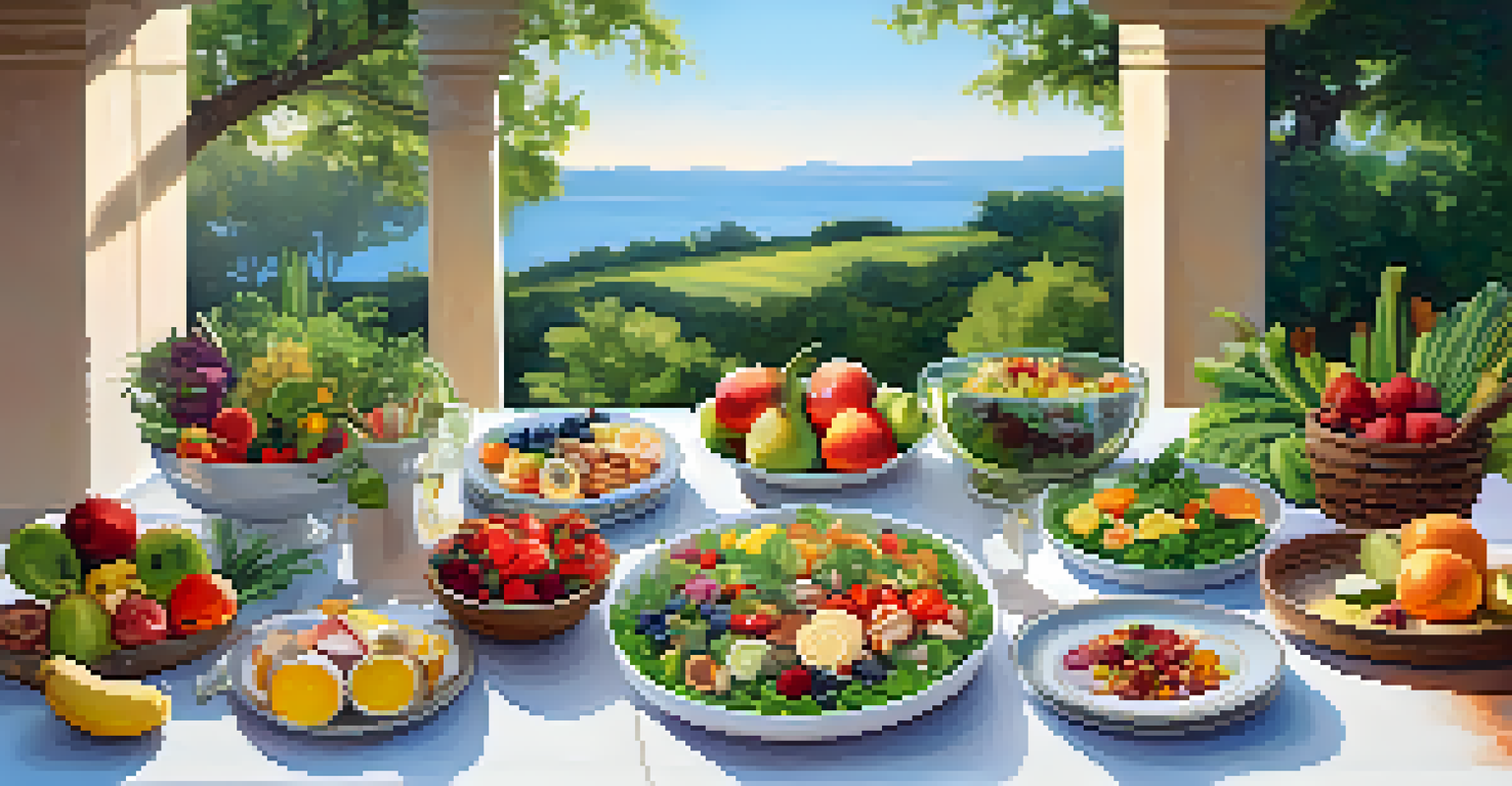 An outdoor table filled with colorful, nutritious dishes including fresh fruits and vegetables, surrounded by greenery, creating an inviting atmosphere.