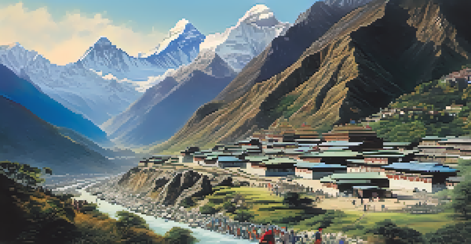 A panoramic view of the Everest Base Camp trek with Mount Everest in the background and trekkers on rocky trails.