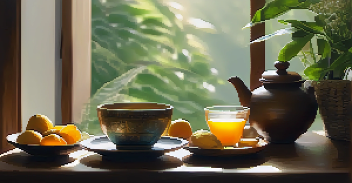 A peaceful morning setting with a cup of herbal tea, fresh fruits, and turmeric, surrounded by plants in soft morning light.