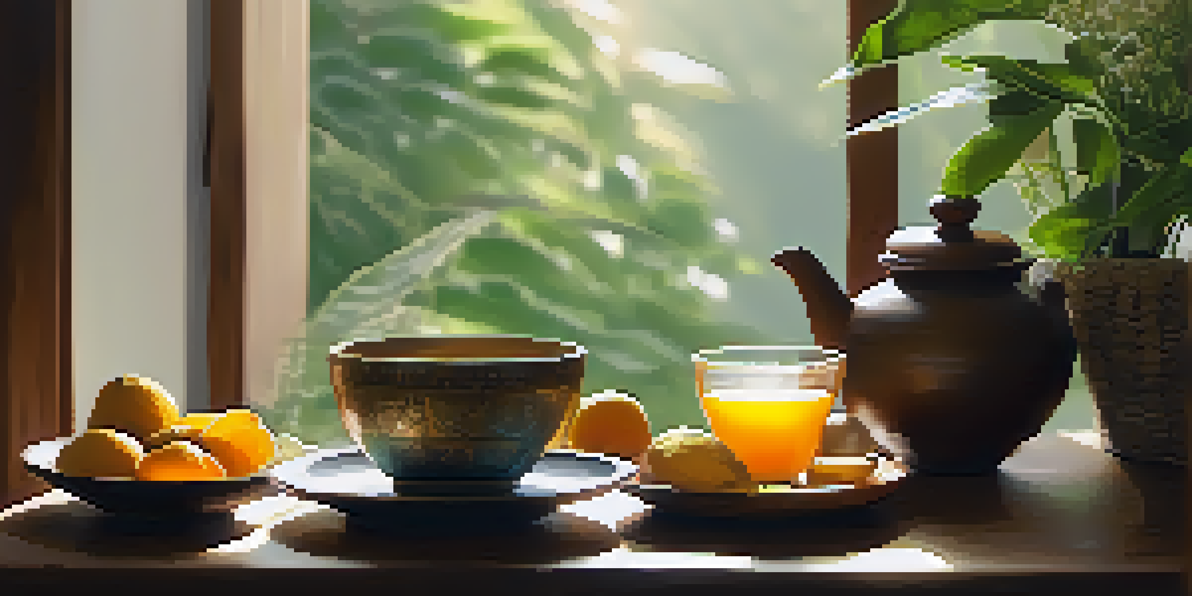 A peaceful morning setting with a cup of herbal tea, fresh fruits, and turmeric, surrounded by plants in soft morning light.