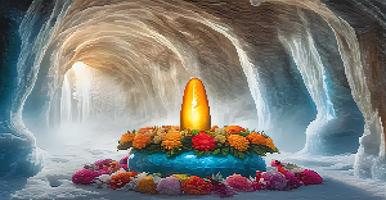 Close-up of the ice Shiva Lingam in Amarnath Cave, surrounded by colorful offerings and a serene atmosphere.