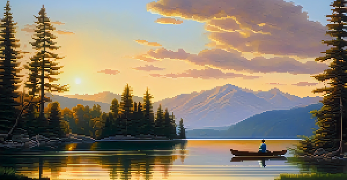 A peaceful lake scene with a traveler sitting by the shore, surrounded by mountains and greenery at sunset.