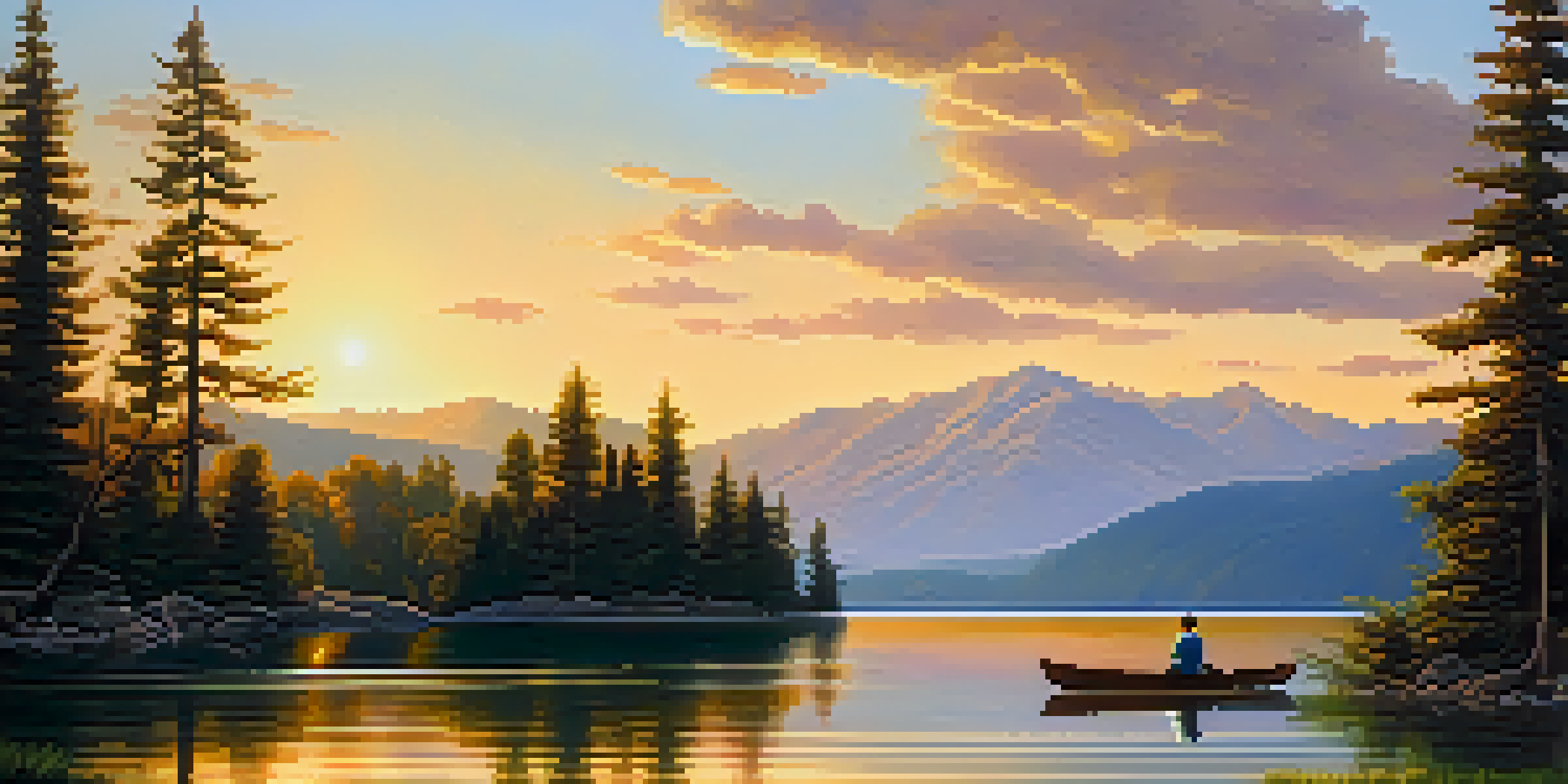 A peaceful lake scene with a traveler sitting by the shore, surrounded by mountains and greenery at sunset.