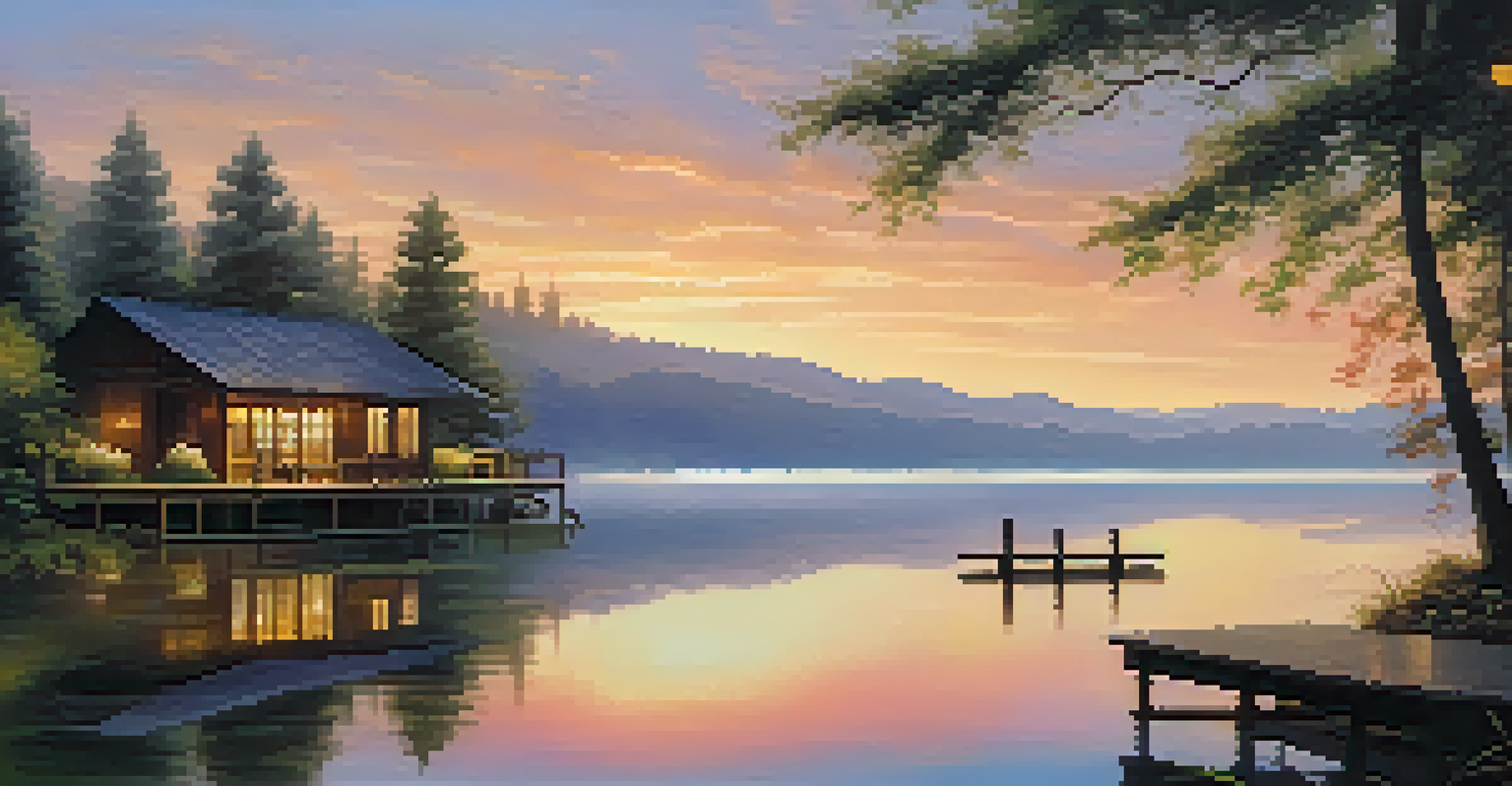 A peaceful lakeside scene at dawn with a wooden dock and mist rising from the water.