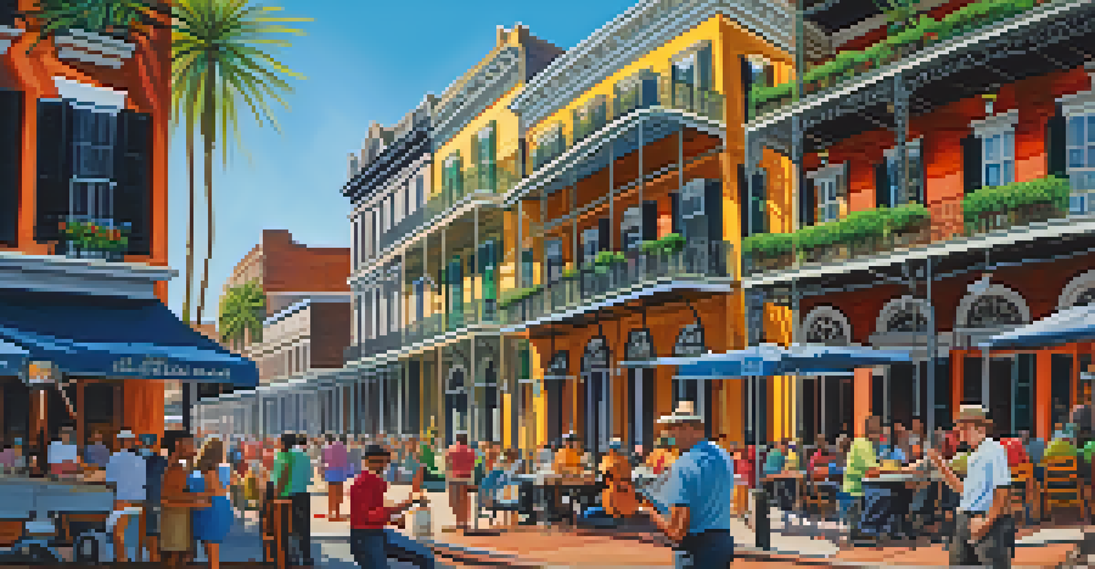 A lively scene in the Historic District of New Orleans showing colorful buildings, street musicians, and visitors enjoying local food.