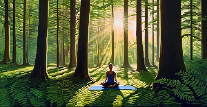 A person practicing yoga on a mat in a lush forest during sunset, with sunlight streaming through the trees.