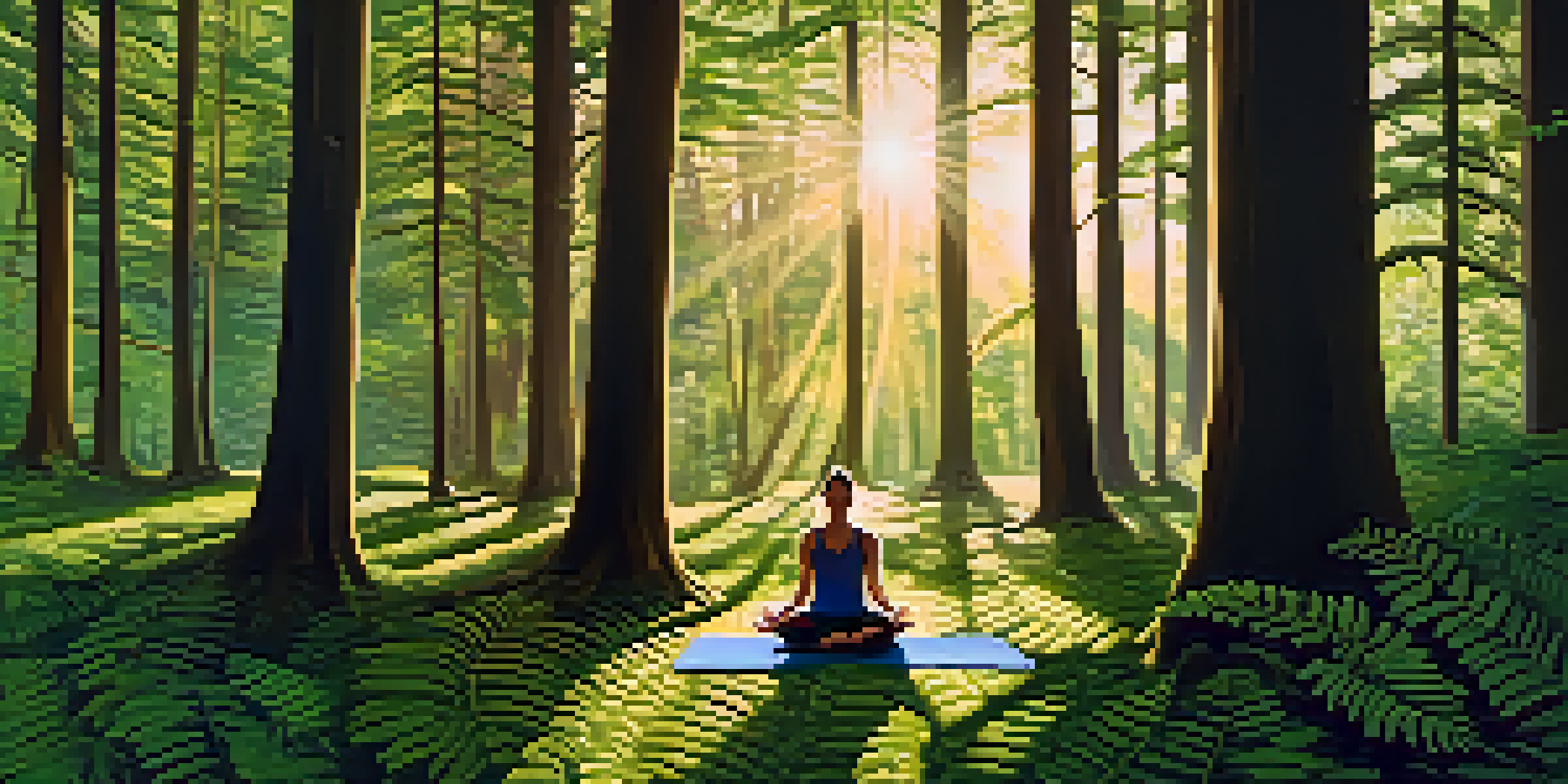 A person practicing yoga on a mat in a lush forest during sunset, with sunlight streaming through the trees.