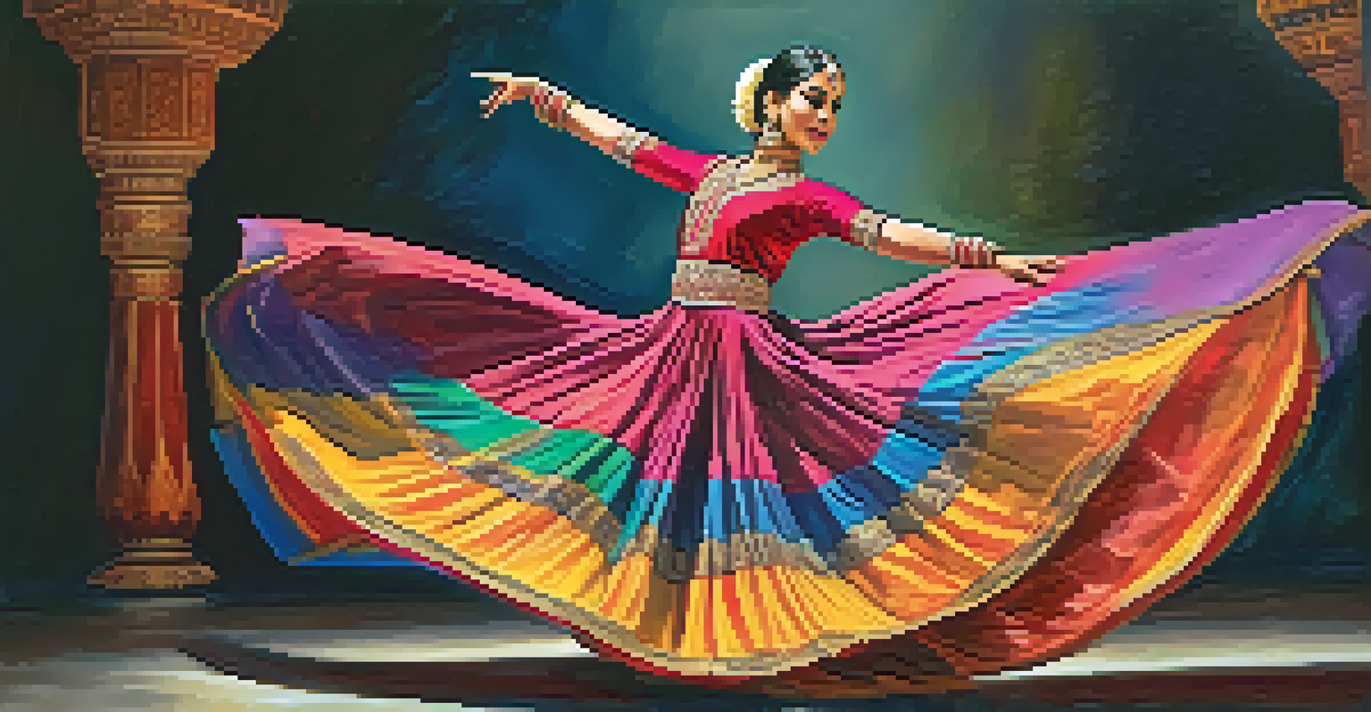 A Kathak dancer in colorful attire performing gracefully on stage, showcasing expressive movements and footwork.
