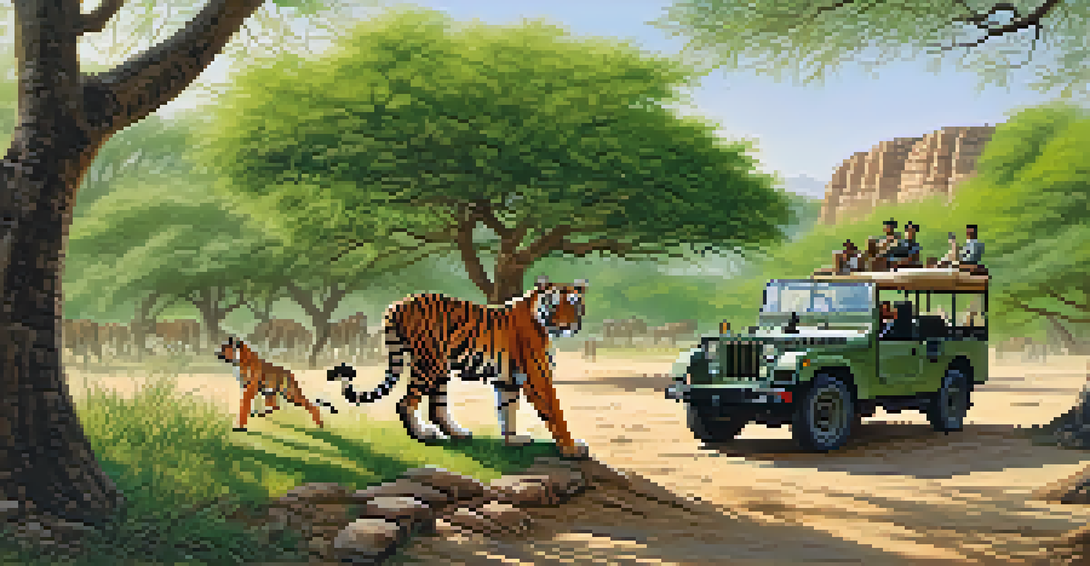 A family on a safari jeep spotting a tiger in Ranthambore National Park, with historical ruins in the background.