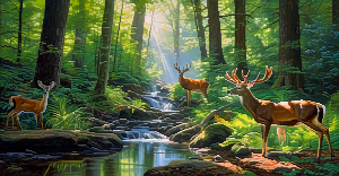 A lush forest with various animals including birds and deer, illuminated by sunlight filtering through the trees.