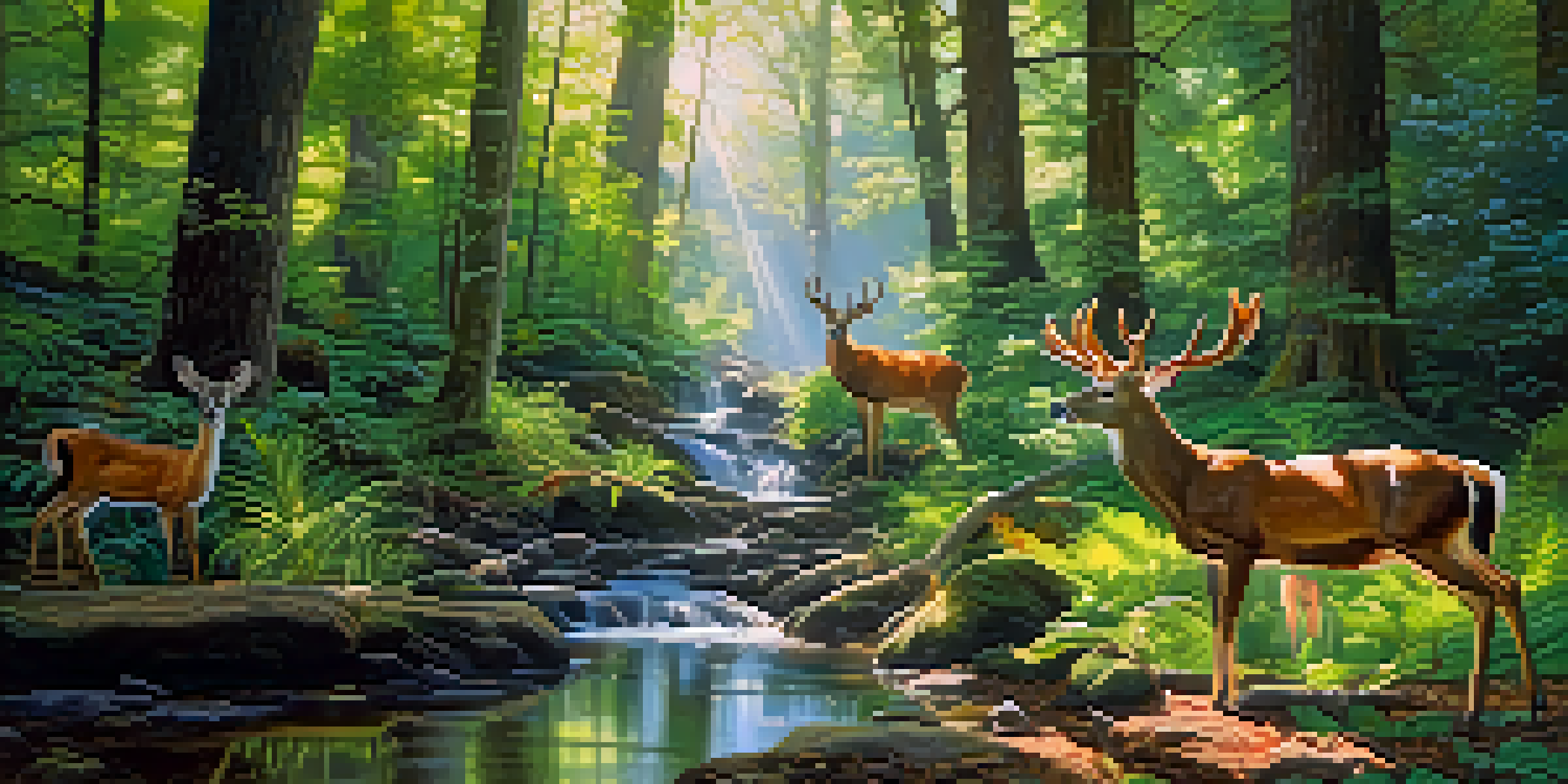 A lush forest with various animals including birds and deer, illuminated by sunlight filtering through the trees.