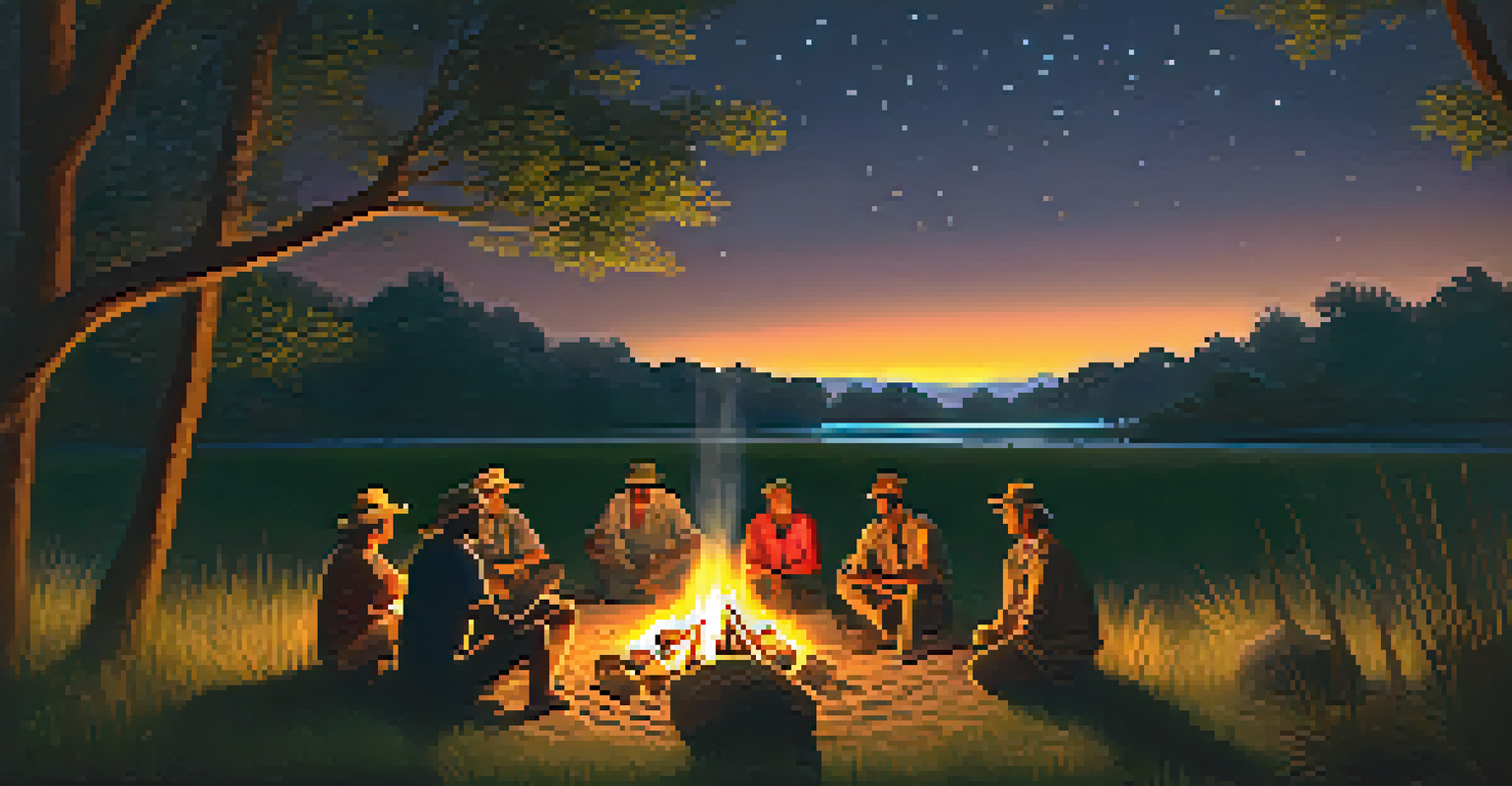 A local guide sharing stories with tourists around a campfire on an eco-safari, under a starry night sky.