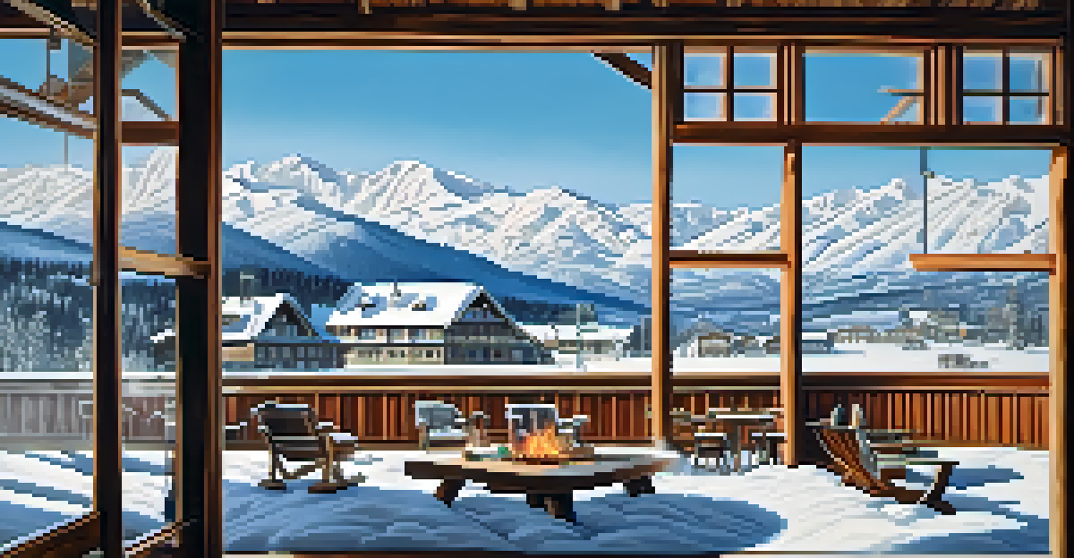 A skiing scene in Gulmarg with slopes, skiers, and a cozy lodge.