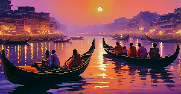 A tranquil scene of the Ganges River at sunset, featuring wooden boats and illuminated ghats with pilgrims performing rituals.
