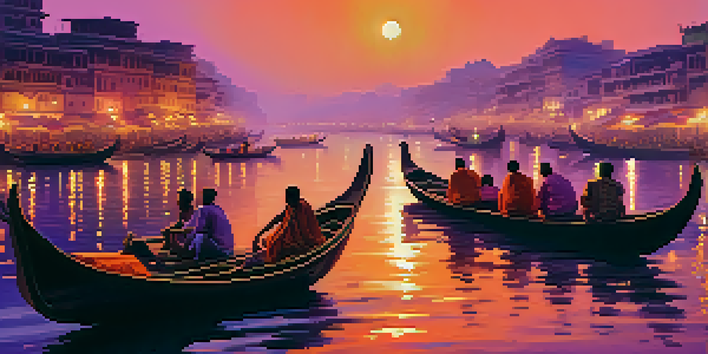 A tranquil scene of the Ganges River at sunset, featuring wooden boats and illuminated ghats with pilgrims performing rituals.