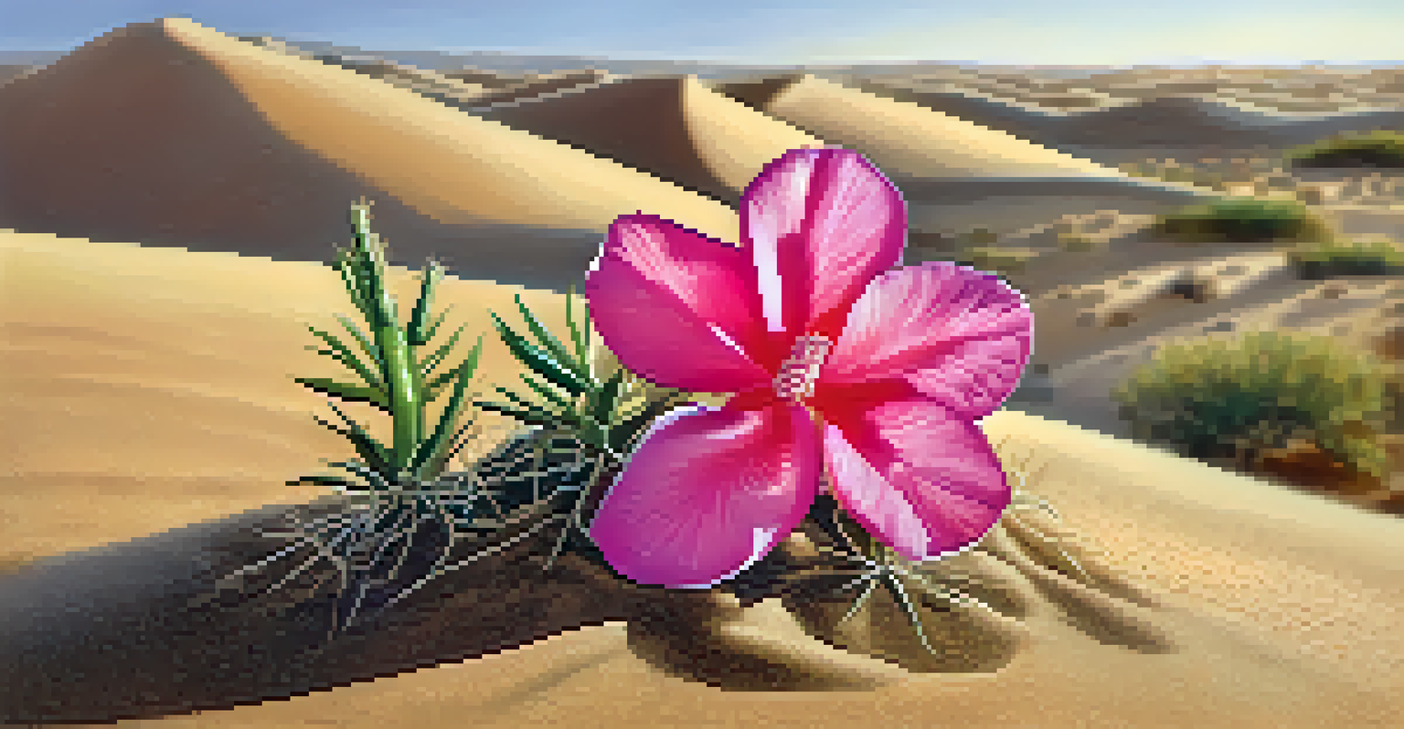 A close-up of a vibrant desert rose plant in the Thar Desert, illuminated by sunlight with blurred sand dunes in the background.